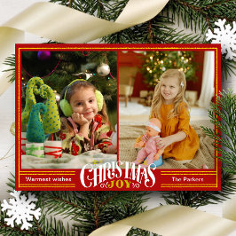 JOYフェスティバルレッド金ゴールドスクリプトシンプルフォトクリスマス シーズンカード