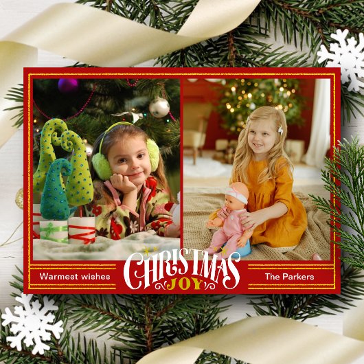 JOYフェスティバルレッド金ゴールドスクリプトシンプルフォトクリスマス シーズンカード