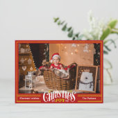 JOYフェスティバルレッド金ゴールドスクリプトシンプルフォトクリスマス シーズンカード (スタンド正面)