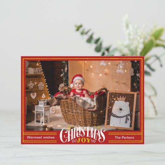 JOYフェスティバルレッド金ゴールドスクリプトシンプルフォトクリスマス シーズンカード (スタンド正面)