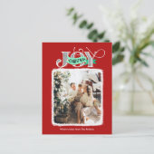 JOYフェスティバル赤モダン文字クリスマスフォト シーズンポストカード (スタンド正面)