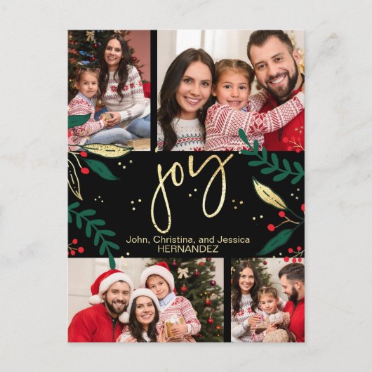 Joyフォトレッド金ゴールドクリスマスグリーナリーブラック シーズンポストカード (正面)