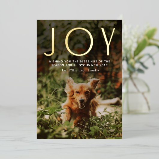 JOYモダンタイポグラフィ写真クリスマス 箔シーズンカード (立ち正面)
