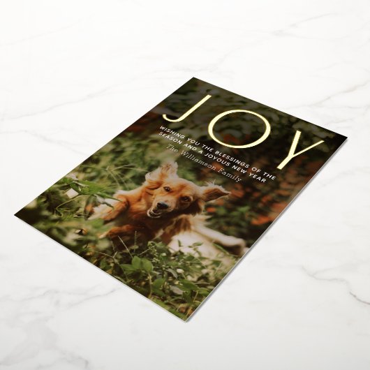 JOYモダンタイポグラフィ写真クリスマス 箔シーズンカード (回転した状態)