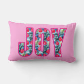 JOYワードアート明るい赤紫色ピンクとティール(緑がかった色)グリーン ランバークッション (裏面)