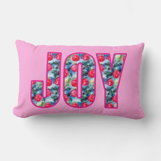 JOYワードアート明るい赤紫色ピンクとティール(緑がかった色)グリーン ランバークッション (正面)
