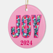 JOYワードアート明るい赤紫色ピンクとティール(緑がかった色) セラミックオーナメント (左)