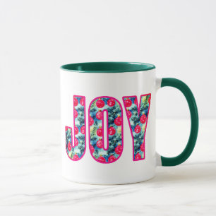 JOYワードアート明るい赤紫色ピンクとティール(緑がかった色) マグカップ