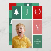 JOY大きな写真独身ののク市松模様にリスマスツリー シーズンカード (正面/裏面)