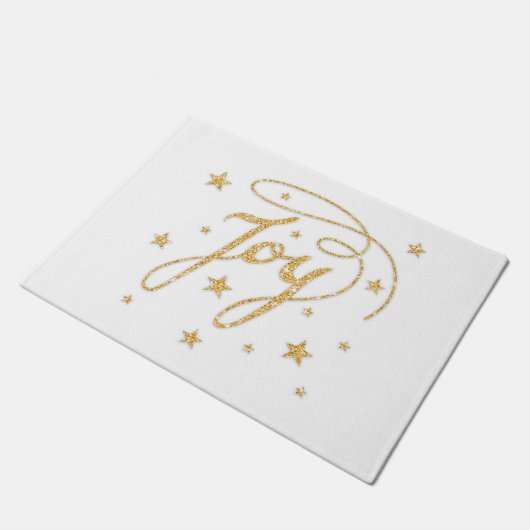 JOY文字フェイク金ゴールドグリッタールッククリスマス ドアマット (アングル)