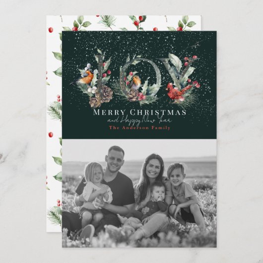 JOY松コーンレッドベリーバードグリーンクリスマスフォト シーズンカード (正面/裏面)
