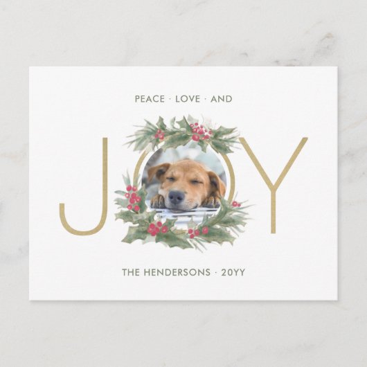 JOY水色クリスマスリースカスタム写真金ゴールド シーズンポストカード (正面)
