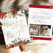JOY赤フローラポインセチア金ゴールドフォトホリデーカード 招待状
