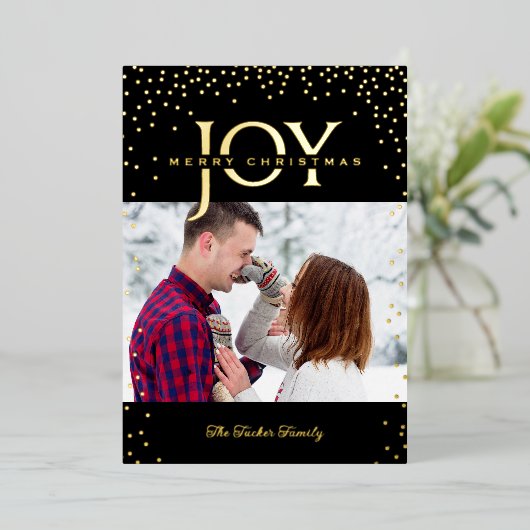 JOY金ゴールド紙吹雪ブラック2フォトメリークリスマス 箔シーズンカード (立ち正面)