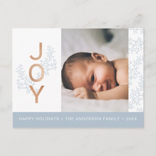 JOY | おしゃれな葉の赤ちゃん写真のホリデーカード ポストカード (正面)