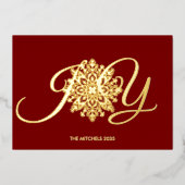 JOY エレガント Burgundyクリスマスフォト金ゴールド 箔シーズンカード (正面)