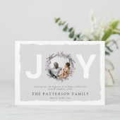 'JOY' クリスマスの植物のリースの写真 シーズンカード (スタンド正面)