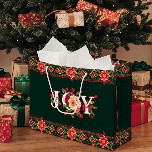 JOY クリスマスの花柄ボーダー ラージペーパーバッグ