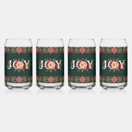 JOY クリスマスの花飾りボーダー ガラス缶