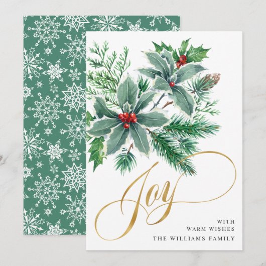 JOY クリスマスツリーのホーリーベリーの枝の挨拶 シーズンカード (正面/裏面)