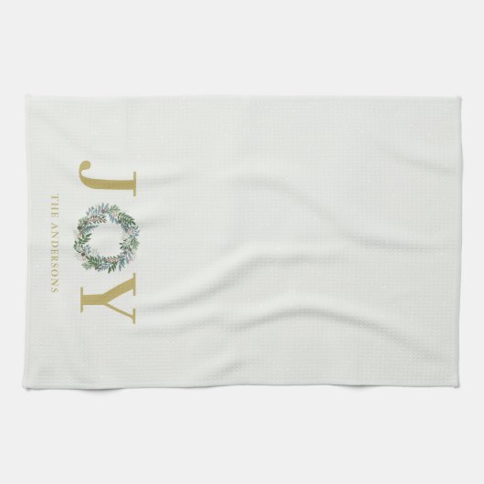 "Joy"クリスマスリース パーソナライズされた キッチンタオル (横)