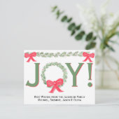 Joy! シンプルな水彩のリースとリボンのガーランド シーズンポストカード (スタンド正面)