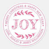 JOY ピンクのクリスマスメッセージギフトラベル ラウンドシール (正面)