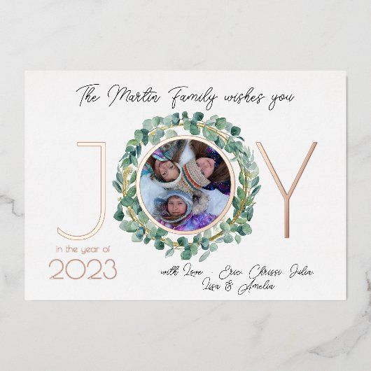 JOY ホリデー カード 箔押し 写真&ユーカリの花輪付き (正面)