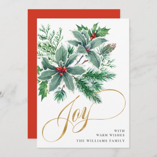 JOY ホリーベリーの枝のクリスマスグリーティング シーズンカード (正面/裏面)