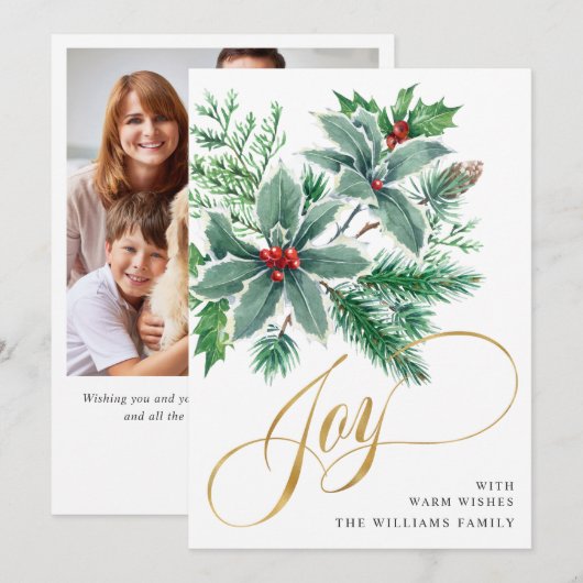 JOY ホリーベリーの枝のクリスマスグリーティング フォト シーズンカード (正面/裏面)