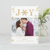 "Joy"ホワイト&金ゴールドスノーフレーク写真クリスマスカード シーズンカード (スタンド正面)