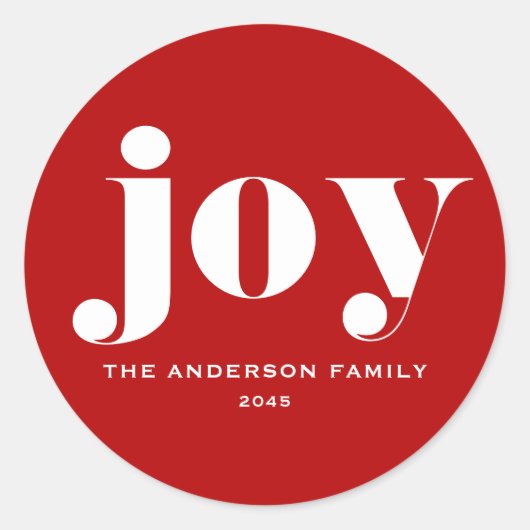 JOY ボールドタイポグラフィ モダン クリスマス レッド ラウンドシール (正面)