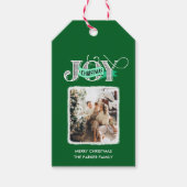 JOY モダン Greenシンプル Family写真クリスマス ギフトタグ (正面)