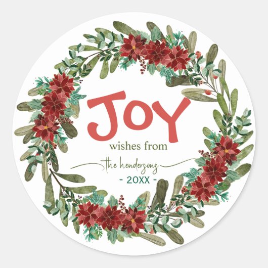 Joy 手書きスクリプト 名前 赤 クリスマス リース  ラウンドシール (正面)