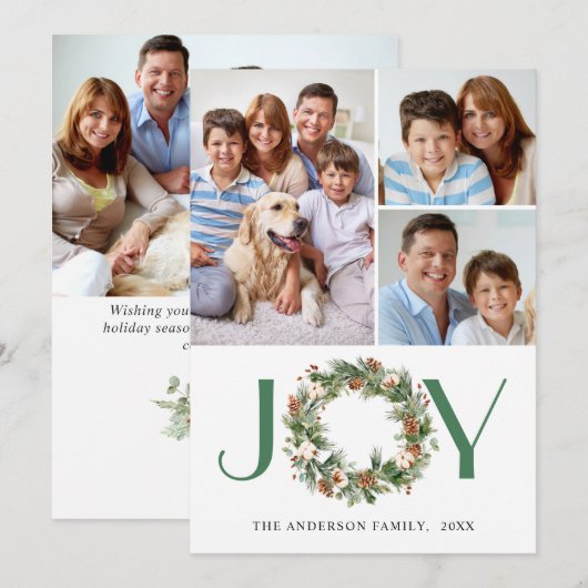 JOY 松の実と松の木のリース クリスマス 4 枚の写真 (正面/裏面)