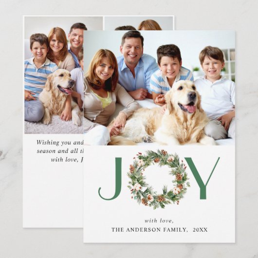 JOY 松の実と松の木のリース クリスマス 4 枚の写真 (正面/裏面)