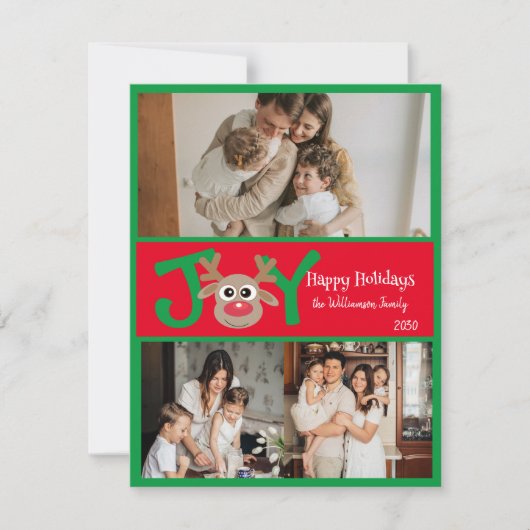 JOY 楽しい かわいい 3枚 写真 カートゥーン トナカイ 赤 緑 シーズンカード (正面)