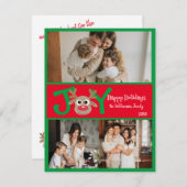 JOY 楽しい かわいい 3枚 写真 カートゥーン トナカイ 赤 緑 シーズンカード (正面/裏面)