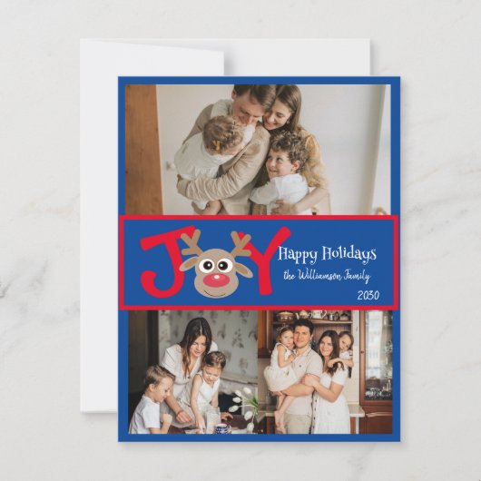 JOY 楽しい かわいい 3 枚の写真 カートゥーン トナカイ 赤 青 シーズンカード (正面)