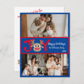JOY 楽しい かわいい 3 枚の写真 カートゥーン トナカイ 赤 青 シーズンカード (正面/裏面)
