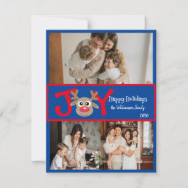 JOY 楽しい かわいい 3 枚の写真 カートゥーン トナカイ 赤 青 シーズンカード