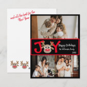 JOY 楽しい かわいい 3 枚の写真 カートゥーン トナカイ 赤 黒 シーズンカード (正面/裏面)