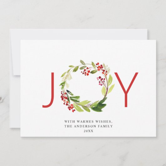 JOY 祝祭的なホリーベリーのリース クリスマスの挨拶 シーズンカード (正面)