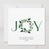 JOY 祝祭的なホリーベリーのリース クリスマスグリーティング シーズンカード (正面)