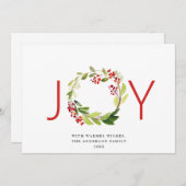 JOY 祝祭的なホリーベリーのリース クリスマスグリーティング シーズンカード (正面/裏面)