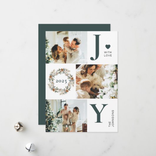 Joy 3スタイリッシュフォトコラージュ | 濃い緑のクリスマス シーズンカード (正面/裏面インサイチュ)