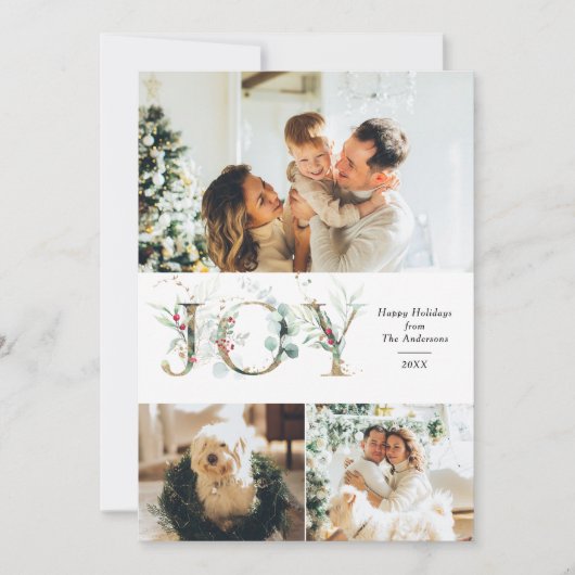 JOY 3写真エレガント金ゴールド緑のクリスマス シーズンカード (正面)