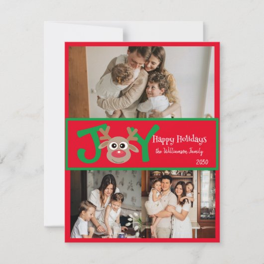 JOY Amusing Adorable 3 Photo Cartoon Reindeer Red シーズンカード (正面)