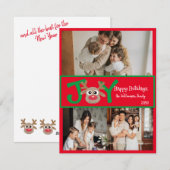 JOY Amusing Adorable 3 Photo Cartoon Reindeer Red シーズンカード (正面/裏面)