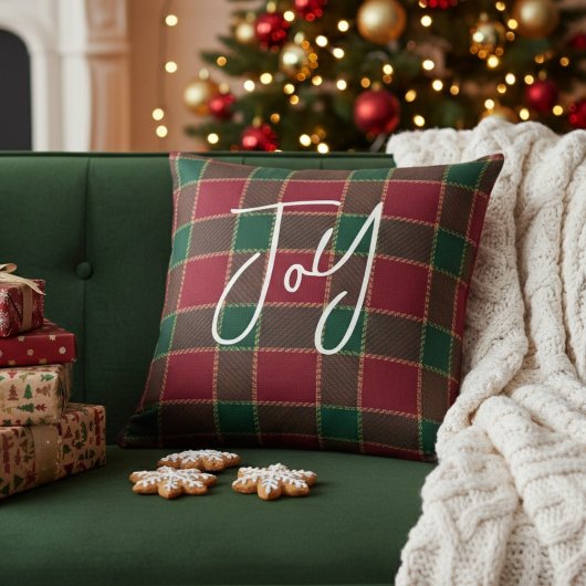 Joy Christmas Holiday Red & Green Tartan Pattern クッション